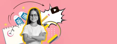 Genç bir kız, yaratıcı tasarım unsurları ile çevrili kollarını kavuşturarak güven içinde ayakta duruyor. Parlak renkler ve eğlenceli semboller, neşeli sahneyi güçlendirir, bir neşe hissi yakalar..