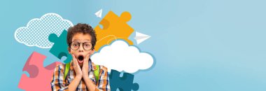 Gözlük takan genç bir çocuk, renkli yapboz parçaları ve bulutlarla çevrili olarak hayrete düşmüş görünüyor. Bu canlı okul kolajı eğlenceli bir ortamda öğrenmenin ve yaratıcılığın neşesini yakalıyor..