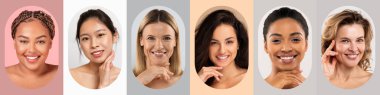 Bu kolajda her biri güvenle gülümseyen ve poz veren çeşitli arkaplan ve saç tiplerine sahip altı kadın yer alıyor. Yumuşak arka planlar, neşeli ifadelerini ve benzersiz özelliklerini vurgular..
