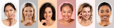 Altı kadın bir kolaj setinde neşeyle gülümsüyor, her biri benzersiz özellikler ve ifadeler sunuyor. Arka planlar yumuşak ve renkli, farklı güzelliklerini ve bireyselliklerini vurguluyorlar..