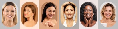 Canlı bir kolajda farklı geçmişlere sahip, gülümseyen ve derilerini gösteren kadınlar yer alır. Her portre, özgüveni ve cilt farkındalığını artıran doğal bir görünümü vurgular..