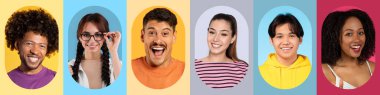 Canlı bir kolaj, çeşitli saç şekilleri ve ifadeleri sergileyen genç yetişkinleri içerir. Renkli bir arkaplan karşısında neşeli bir şekilde dururlar, canlı bir atmosfer yaratırlar..