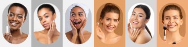 Bir kolaj çeşitli cilt aktivitelerine katılan çeşitli kadınları içerir. Her kadın doğal güzelliğini kucaklıyor, ürünlerini uygularken gülümsüyor ve kişisel bakım rutinlerini gösteriyor..