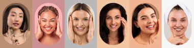 Bu kolajda farklı ten rengi ve stili olan altı kadın var. Hepsi de cilt bakımı yapıyor. Her kadın neşeli bir ifade sergiliyor, özgüven ve güzelliği kutluyor..