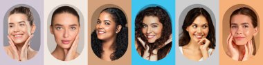 Bu kolaj, altı kadına değişik deri tipleri ve rutinleri sunuyor. Her birey benzersiz bir ifade sergiler, güzellik çeşitliliği ve kişisel bakım uygulamalarını vurgular.