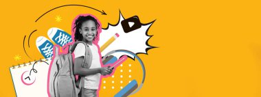 Neşeli bir öğrenci elinde bir tabletle sırt çantasıyla, renkli okul malzemeleri ve yaratıcı tasarımlarla çevrili duruyor. Sahne, okul hayatının heyecanını yakalıyor..