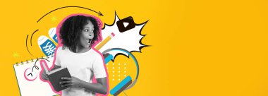 Bu canlı kolaj, kulaklık, not defteri ve şakacı grafiklerle çevrili bir kitabı elinde tutan genç bir insanı gösteriyor. Öğrenmenin ve yaratıcılığın neşesini yakalıyor..