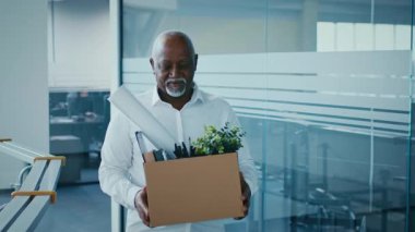 Beyaz gömlekli kendinden emin bir Afrikalı Amerikalı gün boyunca ofis malzemeleri ve küçük bitkilerle dolu bir kutu tutuyor..