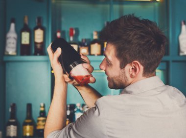 Profesyonel barmen bar iç sallayarak ve karıştırma alkol kokteyl shaker ellerini, ile Arkadan Görünüm