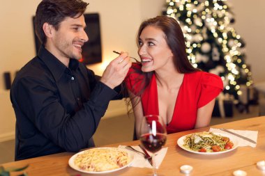 Bir çift evde sıcak bir akşam yemeğinin tadını çıkarıyor, bir tabak makarna paylaşıyorlar. Dekorasyonda yumuşak mum ışığı ve şenlikli dekorasyonlar yer alıyor, sıcak bir atmosfer yaratıyor..