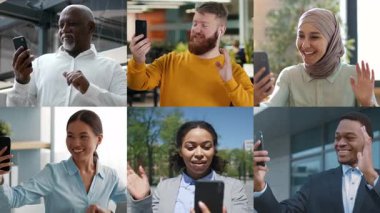 Farklı bir grup insan, her biri akıllı telefonuyla uzak bir konferansa katılıyor. Gülüşleri ve jestleri paylaşıyorlar, sanal iletişimin çekici atmosferini yaratıyorlar..