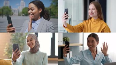 Dört farklı bayan akıllı telefonlar aracılığıyla sanal iletişim kuruyor, uzaktan bir konferans sırasında gülümsüyor ve el sallıyorlar. Katılımcılar çeşitli ortamlarda modern bağlantıları sergiliyorlar..