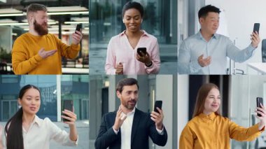 Uzaktan görüntülü bir sohbete katılan çeşitli profesyoneller, bir iş konferansı sırasında modern bir ofis ortamında etkili bir iletişim ve işbirliği sergilediler..