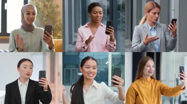 Çeşitli geçmişlerden altı profesyonel uzaktan görüntülü bir sohbete katılıyor. Modern iletişimi profesyonel bir ortamda resmetmek için akıllı telefonlar kullanarak fikirleri ifade ederler..