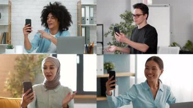 Uzak bir konferansa katılan dört profesyonel, iletişim kurmak ve işbirliği yapmak için akıllı telefonları kullanıyor. Çeşitli geçmişleri, iş ortamlarında modern iletişim uygulamalarını vurguluyor.