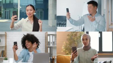 Dört kişi iş konferansı sırasında akıllı telefonları kullanarak uzaktan bağlanıyor. Her insan, modern iletişim uygulamalarını gösteren net bir bağlılık ve gülümseme sergiliyor..