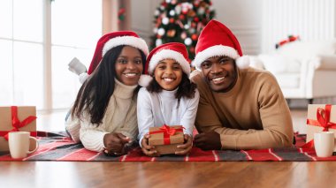 Neşeli siyah bir aile dekore edilmiş oturma odalarında battaniyenin üzerinde yatarken Noel Baba şapkası takıyor. Noel 'i ve yeni yılı kutluyorlar, kameraya poz verirken mutluluğu ve sıcaklığı paylaşıyorlar..