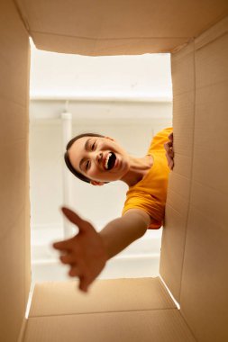 Genç Koreli kadın evde bir karton paketi açarken sevinçten havalara uçuyor. Mutlu bir şekilde gülümsüyor, son online alışverişi için heyecanlı..