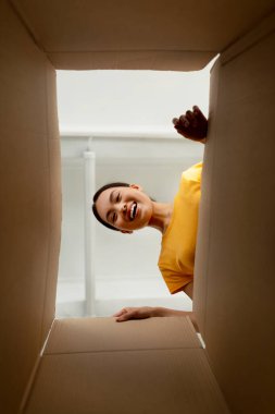 Mutlu bir kadın bir paket kutusunun içine neşeyle bakar. İçeride ve online siparişi için heyecanlı. Gülümsemesi teslim edilen eşyalardan tatmin olduğunu gösteriyor..