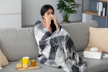 Mutsuz genç Hintli bayan battaniyeye sarılı bir kanepede oturuyor ve peçeteye hapşırıyor. Grip belirtileriyle boğuşuyor ve ev yapımı tedavisinin bir parçası olarak çay, bal ve limondan hoşlanıyor..