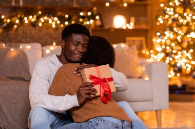 Genç ve mutlu bir Afro-Amerikalı adam, bir hediye kutusu tutarken karısını kucaklıyor. Konforlu oturma odalarında Noel ruhunu kutlayan güzel dekore edilmiş bir Noel ağacı ile çevrelenmişler..