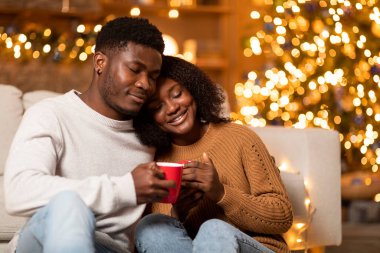 Gülümseyen genç bir Afrikalı Amerikalı çift rahat bir koltukta oturup, ellerinde en sevdikleri sıcak içeceklerden bardaklar tutarlar. Şenlik süslemeleri ve Noel ağacı arasında birbirlerine eşlik etmekten hoşlanırlar..