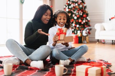 Neşeli siyah bir kız, neşeli bir oturma odasında battaniyeye oturmuş annesinden gelen bir Noel hediyesini açıyor. Mekan bir Noel ağacı ve sıcak renklerle süslenmiş..