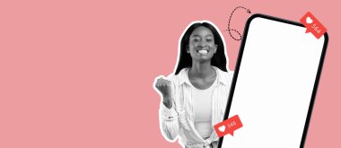 Neşeli bir birey sosyal medya başarılarını renkli gönderiler ve bildirimler kolajıyla kutluyor.