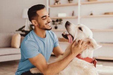 Bir adam oturma odasında yerde oturuyor, neşeli köpeğiyle oynuyor. Köpeğin sevgi için eğildiği mutlu bir anı paylaşıyorlar. Oda aydınlık ve davetkar, bağlarını güçlendiriyor..