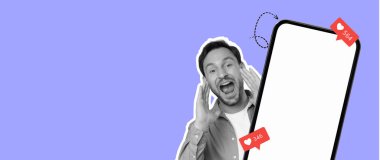 Neşeli bir birey boş bir ekranla büyük bir akıllı telefonu tutarken hareketli bir şekilde bağırır. Sosyal medya etkileşimini gösteren sayılarla kırmızı kalp simgeleri ortaya çıkıyor. Arka plan canlı mor..