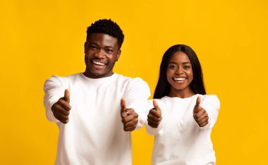 İki gülümseyen genç yetişkin, parlak sarı bir arka plana başparmaklarını gösteriyorlar. Neşe ve pozitiflik saçıyorlar, dostluklarını canlı bir ortamda sergiliyorlar..