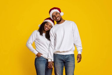 Neşeli bir çift birbirine yakın duruyor, el ele tutuşuyor ve gülümsüyor. Noel Baba şapkaları ve rahat beyaz kazaklar giyiyorlar..