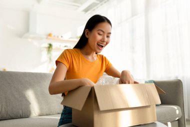 Aşırı neşeli Asyalı bayan kanepesinde oturmuş internetten bulduğu şeylerle dolu bir karton kutuyu hevesle açıyor. Parlak ışık neşe dolu oturma odasını dolduruyor, heyecanını arttırıyor..