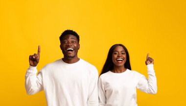 Neşeli bir çift, her ikisi de beyaz gömlek giyen canlı sarı bir arka plana karşı duruyor. Gülümsüyor ve yukarıyı işaret ediyorlar. Kutlamaları sırasında neşeli ve kaygısız bir ruh yayıyorlar..