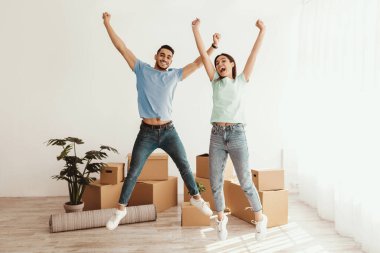 Neşeli çiftler yeni oturma odalarında kutlamaya atlıyor. Etrafı kutular ve bitkilerle çevrili. Hayatlarında yeni bir sayfa açtıklarında ifadeleri heyecan ve mutluluğu gösteriyor..