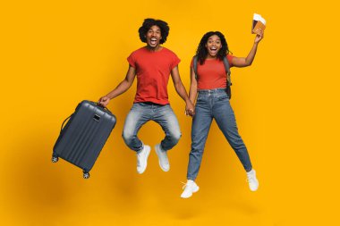 Mutlu bir çift parlak sarı bir arka plana atlıyor, el ele tutuşuyorlar. Bir ortak seyahat kağıtlarını tutarken diğeri bavul taşır. Bu da yolculukları için heyecanlı olduklarını gösterir..