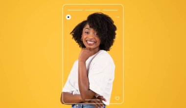 Genç bir kadın canlı sarı bir arka plana karşı neşeli bir ifadeyle poz veriyor. Hafif kıyafeti ve rahat duruşu neşeli bir atmosfer yaratıyor. Kolaj efekti sahneye modern bir dokunuş katıyor..