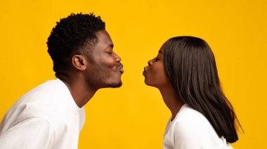 İki genç yetişkin öpüşmeye hazırlanırken karşı karşıya gelir. Neşeli ifadeleri ve canlı sarı arkaplanı sevgi ve bağlarını gösteren eğlenceli, samimi bir atmosfer yaratıyor..