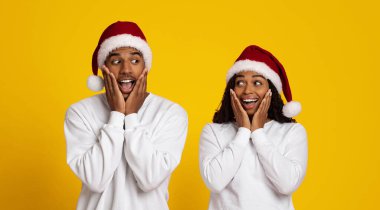 Kırmızı Noel Baba şapkası takan bir çift Noel için heyecanlarını gösteriyor. Parlak sarı bir zemin üzerinde duruyorlar, yüzlerinde neşe ve şaşkınlık ifade ediyorlar..