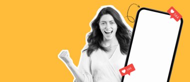 Canlı bir kolaj kollarını kaldırmış heyecanlı bir insanı akıllı bir telefonla konuşurken kutlama yaparken gösteriyor. Parlak sarı arka plan, yakalanan anın neşeli havasını arttırır..