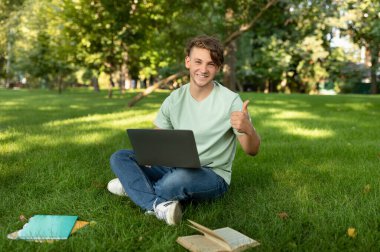 Genç bir adam parkta çimenlerde dizüstü bilgisayar kullanarak bacak bacak üstüne atmış oturuyor. Mutlu görünüyor ve güneşli bir günde etrafı doğa ile çevrili bir şekilde onaylıyor..