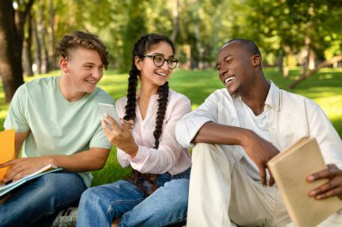 Üç arkadaş parkta çimlerin üzerinde rahatlar, çalışmaya ara verirken gülüşürler ve birbirleriyle meşgul olurlar. Güneşli ortam onların neşeli havasını arttırır..