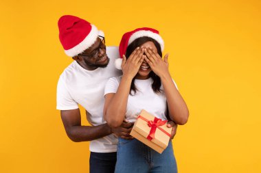 Afro-Amerikalı bir erkek, kız arkadaşını Noel hediyesiyle şaşırtır. O da gözlerini kapatır..