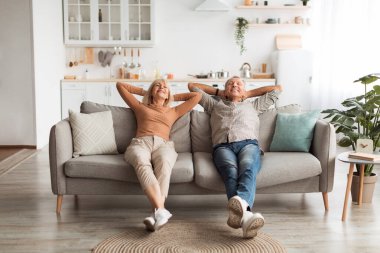 Bir erkek ve bir kadın açık gri bir kanepede, parlak bir oturma odasında eğleniyorlar. Gülümsüyor ve rahatlatıyorlar, bitkilerle çevrili ve şık bir dekorla..