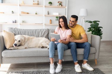 Genç bir çift, rahat bir oturma odasında rahat bir kanepede oturup tablete bakıyorlar. Oyuncak köpekleri yakınlarda uzanıyor, ortama sıcaklık katıyor..