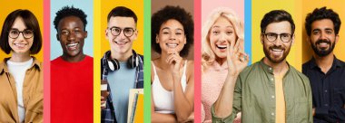 Yedi yetişkinden oluşan neşeli bir toplantı renkli bir stüdyoda duruyor. Her insan mutluluğu ifade eder, çeşitli stil ve kişilikleri sergiler, canlı bir kampanya için mükemmeldir..