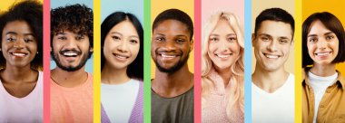 Sekiz birey parlak bir kolaj içinde pastel arka planda gülümsüyor. Her insan eşsiz özellikler ve stiller sergiliyor, neşeli ve kapsayıcı bir atmosferi temsil ediyor..