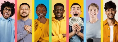 Canlı yedi kişilik bir grup parlak ve renkli bir arkaplanda duruyor. Rahatlamış bir atmosferde mutluluğu ve dostluğu gösteren neşeli ifadeleri paylaşıyorlar..