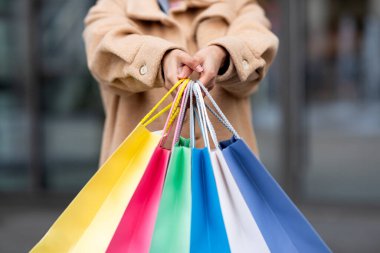 Bir kişi mağazanın önünde duruyor, canlı renklerde parlak alışveriş torbaları sergiliyor. Sahne, son alımlar ve alışveriş hakkında heyecan verici bir görüntü yakalıyor..