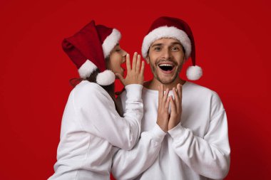 İki arkadaş aynı Noel Baba şapkalarını giyerken neşeli bir sırrı paylaşıyorlar. Canlı kırmızı bir zemin üzerinde duruyorlar, bayram sezonunda neşe ve tatil ruhu yayıyorlar..